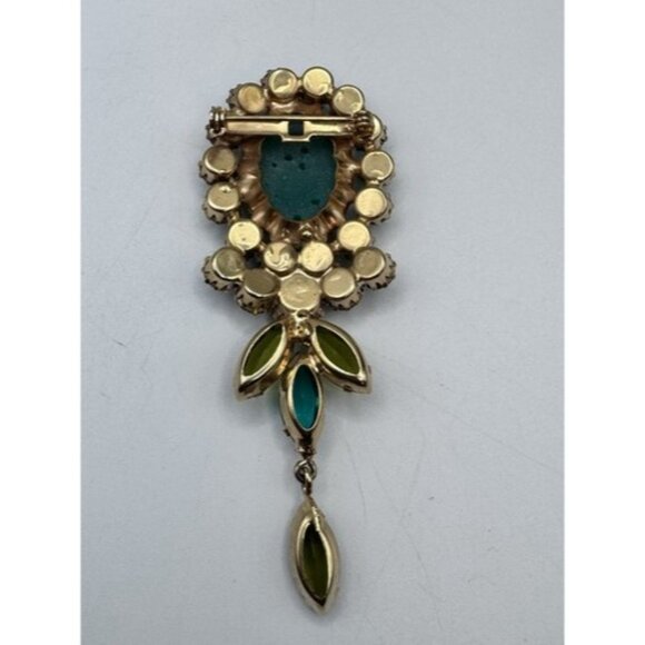 VTG Carved Green Jade Glass Rhinestone Green- Blue Gold Tone Long Dangle Brooch - Picture 8 of 13